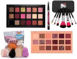 Pohok Rose Gold Remastered Eye shadow & Nude Edition Eye shadow & Make Up Brush Set Of 7 & 36 Hour Eyeliner & 6 in 1 Puff Sponge