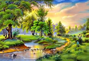 Poster Color Romantica Color Peaceful Colors Painting Water Nature Scene Beautiful Forest Lovely River Romance Pretty sl231 (Plastic Large Wall Poster, 36x24 Inches, Multicolor) Fine Art Print