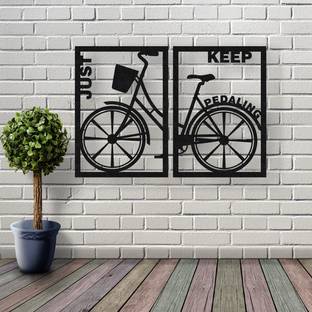 Gloshvi 60.96 cm Just Keep Pedaling... Motivational Bicycle 2 Panels Pine Wooden Decor Wall Art Self Adhesive Sticker