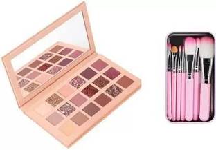 Mastadi New Nude 18 Color EyeShadow Pallete With 7Pc Pink Brush 18 ml (multicolor) 18 ml