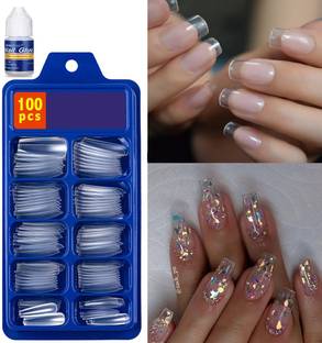 Facejewel Artificial Transparent 100 Pieces Reusable Fake Nail Tips With Nail Glue Transparent