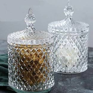 S1Store Glass Candy Bowl Candy Jars With Lid Decorative Stylish Crystal Glass (Clear, White, Pack of 2)