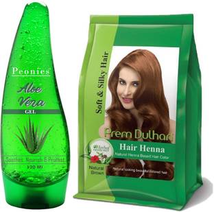 Peonies Aloe Vera Gel 120ml & Prem Dulhan Hair Henna Natural Henna Based Hair Color (Natural Brown) 125g