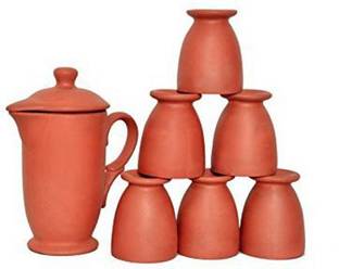 THE HIMALAYA CRAFT (Pack of 6) Handmade 1 Litre Clay Jug with 6 Clay jam Glass 180 ml Glass Set Water/Juice Glass