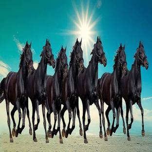 Wall gallery 45.72 cm 7 Lucky Running Black Horses Vastu Wallpapers Fully Waterproof Glowing Sticker Self Adhesive Sticker