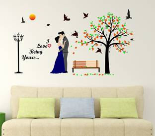 LANSTICK 91.44 cm CUTE COUPLES UNDER TREE WITH PARK SETUP WALLSTICKER FOR WALL DECORATION Self Adhesive Sticker