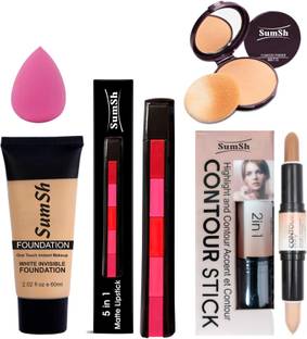 SumSh 5 in 1 Lipstick (Pink Edition), Foundation, Highlighter and Contour Stick, Compact Powder, Blender Spounge