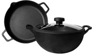 Meyer Cast Iron 3 Piece Cookware Set - 24cm Skillet + 24cm Deep Kadai Non-Stick Coated Cookware Set