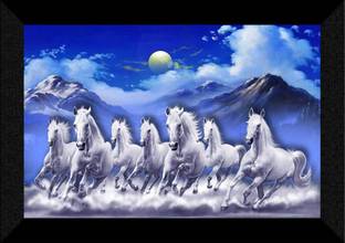 SNDArt Lucky Seven Running Horses Vastu UV Matt Textured Framed Digital Reprint 11 inch x 14 inch Painting
