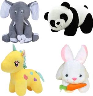 Toyhaven Combo of sitting elephant, unicorn , rabbit and panda  - 25 cm