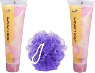 Yash Herbal NEW IMPROVED Face & Body Celansing Scrub Gel (Pack of 2, 100ml each) with Classic Sponge Loofah by Janvi Enterprises