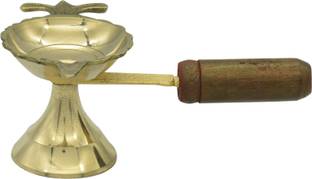 Puja N Pujari Brass Loban Burner Aarti Diya with Handle - Harathi Stand for Pooja Brass Table Diya