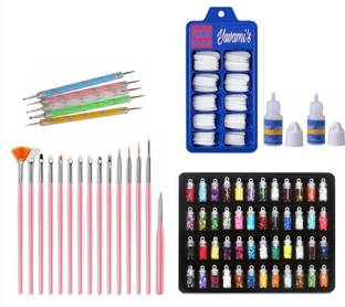 Yuvami's 100 nails with 2 glue & 48pcs Glitter bottle & 5 dotting pens & 15 nailart brush