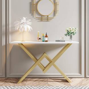 NG Decor Narrow Rectangular White Console Table with Wooden Top and Gold Metal Base Metal Console Table