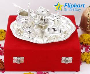 Flipkart SmartBuy Brass Silver Plated Om Design 7 Pcs. Pooja Thali set for Festive Occasions Brass