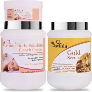 CLAVINIA Body Polishing Bleach Cream 1 Kg + Gold Scrub 1000 ml ( Pack Of 2)