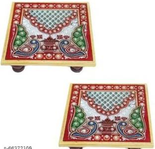 OGU Handcrafted Decorative Marble Pooja Chowki-Pack Of 2,Design,10x10 Cm Marble All Purpose Chowki