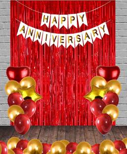 Dinipropz Happy Anniversary White Red Gold Combo Banner with Confetti Metallic Balloons