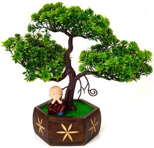 Kawai Homes Artificial bonsai green tree with polyresin buddha monk for Home décoration Bonsai Artificial Plant  with Pot
