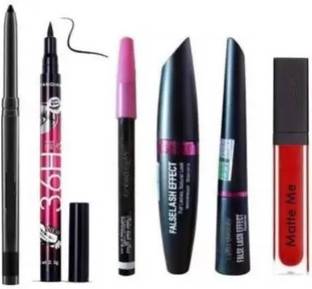 Pohok 3in1 Kajal, Mascara ,Eyeliner + Smudge Proof Long lasting Liquid eyeliner + Liquid Matte Red lipstick