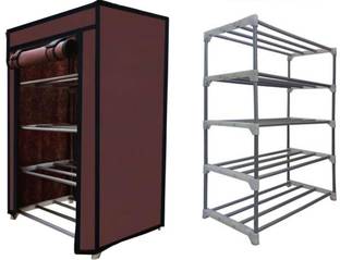 SANAMSTORE 4 Layer Metal Pipe with Non-Woven Fabric Cover Shoe/Toy/Books Rack-Brown Metal Collapsible Shoe Stand