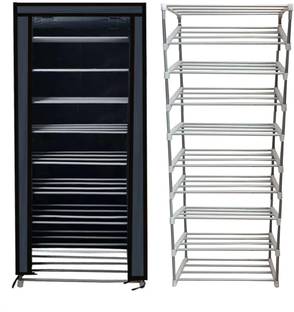 KOnline Metal 9 Tier Rack Shoe/Clothes/book stand Rack with cover Black Metal Collapsible Shoe Stand