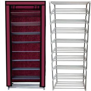KOnline Metal 9 Tier Rack Shoe/Clothes/book stand Rack with cover -Mahroon Metal Collapsible Shoe Stand
