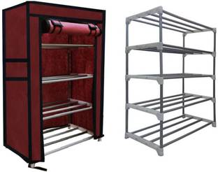 KOnline Metal 4 Tier Rack Shoe/Clothes/book stand Rack with cover -Mahroon Metal Collapsible Shoe Stand