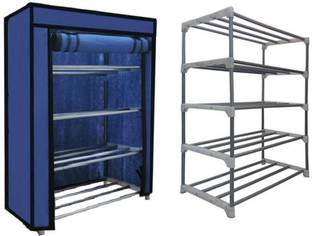 KOnline Metal 4 Tier Rack Shoe/Clothes/book stand Rack with cover -Blue Metal Collapsible Shoe Stand