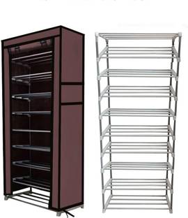 KOnline Metal 9 Tier Rack Shoe/Clothes/book stand Rack with cover -Brown Metal Collapsible Shoe Stand