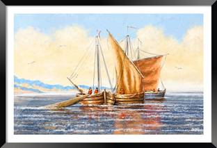 DBrush Old Ship in Ocean Nature Art Original Glass Photo Framed Abstract Picture Digital Reprint 14 inch x 20 inch Painting