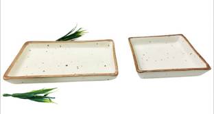ALTAICA Ceramic Serving Platter Set of 2 One Rectangular one Square Matte Marble Finish Chip & Dip Tray