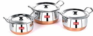 Nirvika 3 pcs handi set with lid & handle stainless steel copper bottom patila Non-Stick Coated Cookware Set