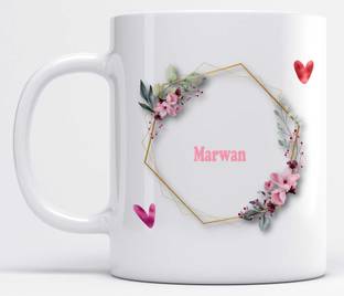 LOROFY Name Marwan Printed Floral and Hearts Design Ceramic Coffee Mug