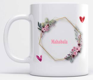 LOROFY Name Mahabala Printed Floral and Hearts Design Ceramic Coffee Mug