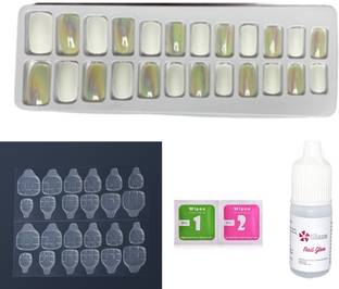 GLAZU High Gloss Mirror & Matte Finish Squoval Shaped Fake Nails with 1 Nail Glue Kit White