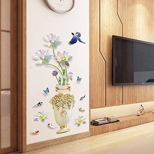 Indian Royals 110 cm Lotus 3D Vase Self Adhesive Decorative Wallsticker ( 60 CM X 90 CM ) Self Adhesive Sticker