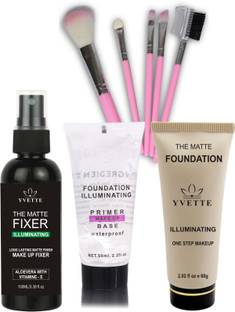 YVETTE FIXER SPRAY 100ml, PRIMER 50ml, FOUNDATION 60g, 5 Pcs Makeup Brush Set