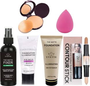 YVETTE FIXER SPRAY, PRIMER, FOUNDATION, Highlighter and Contour Stick, COMPACT POWDER, Blender Spounge
