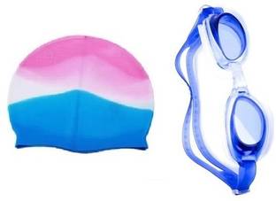 HHS SPORTS Unisex Silicone anti fog swimming goggle with cap multicolor Swimming Cap