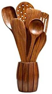 TOUCHWOOD ARTS Wooden Handmade Non Stick Serving Spoon Set with Holder/Stand/ Barrel - Wooden Serving Spoon Set