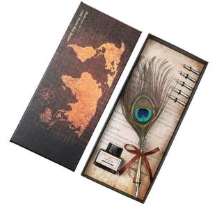 Sabahz Trading Vintage Peacock Feather Calligraphy Dip Pen Set With Calligraphy Ink and Nibs Calligraphy
