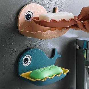 shreenath enterprise Shreenath_Brand New Plastic Leak Proof Self Draining Double Layers Fish Shape Plastic Adhesive Waterproof Wall Mounted Bar Soap Dish Holder Organizer Rack for Bathroom (Multicolor) (Pack Of 2)