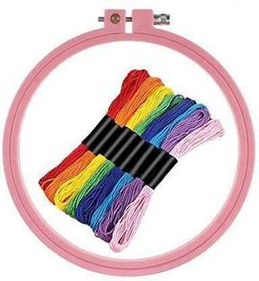 DOUZAND Combo Pack of 1 Plastic Hoop Frame of 8in + 10 Multicolor Thread of 8mt Each