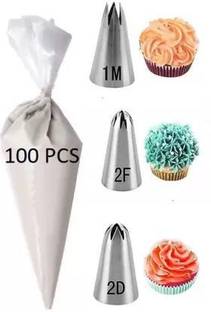 ALAMDAAR Standard Size Stainless Steel 1M and 2D, 2F & 100pcs Icing Piping Bags Stainless Steel Multi-opening Icing Nozzle