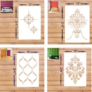 FLEXISHINE DECOR (Size:- 16X24 Inch) THEME-Damask, Chandelier , Lattice Ribbon AND Geoatryical Suitable For Bedroom, Drawing Room & Office Decoration Modern Home Wall Arts Stencil