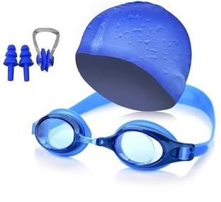 HHS SPORTS Unisex silicone anti fog swimming goggle with blue cap , nosepin and ear plugs Swimming Cap