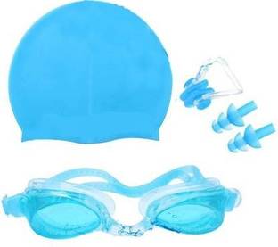 HHS SPORTS Unisex silicone swimming goggle with sky blue cap , nosepin and ear plugs Swimming Cap