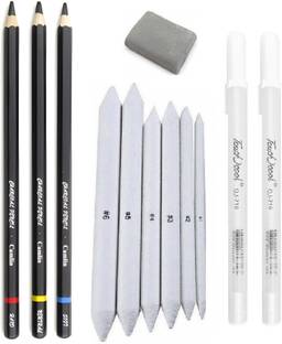 Craftacious 3Pc Camlin Charcoal Pencil, 2Pc White Pen, 6Pc Blending Stump & Kneadable Eraser