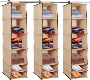 Home Style India 6 Shelf Closet Cloth Hanging Wardrobe Organizer Clothes Storage (3 Pcs, Beige) Closet Organizer